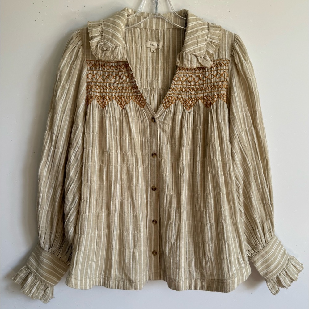 Pilcro Cream Striped Button-Up Blouse with Beige Embroidery - Picture 6 of 12